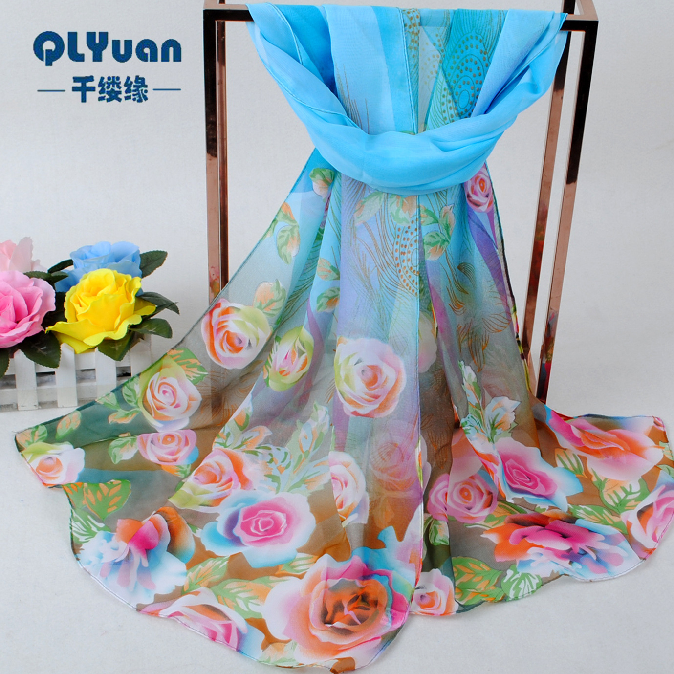 Autumn new peacock feather rose chiffon long scarf wholesale Yiwu Women's Small scarf