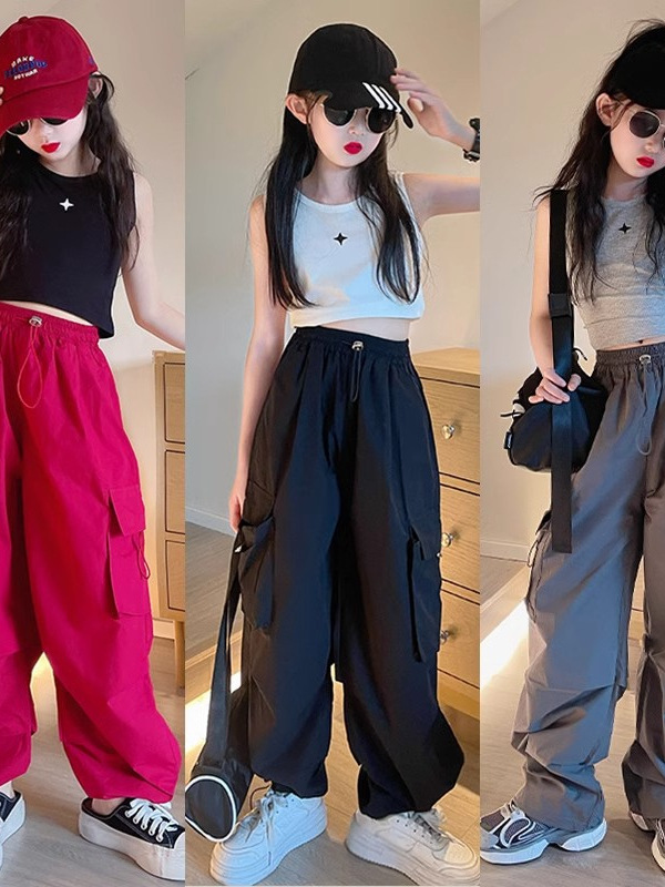 Girls' Covers Pants Summer 2024 New Children's Wear Children's Wide Leg Pants Thin Girls' Big Children's Tie Pants Summer Wear