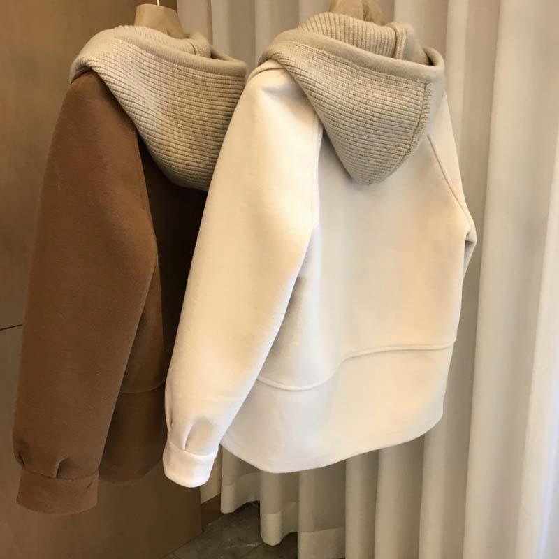Plus Size High-End Knitted Hooded Fake Two-Piece Thickeneded Top for Fat mm Autumn and Winter New Velvet Woolen Outwear for Women