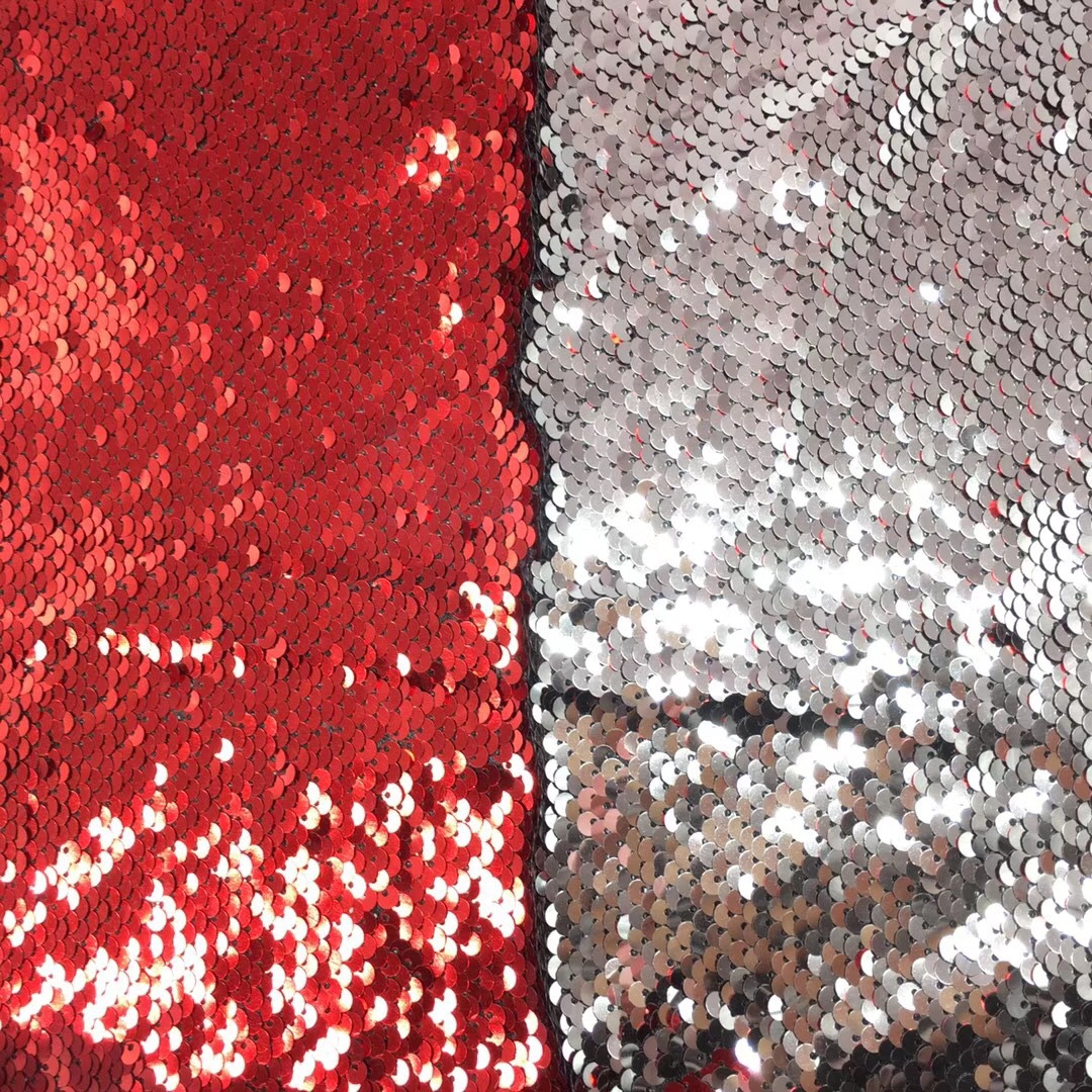 Picture of in stock 50 color sequin fabric 5mm double-sided flip Internet red background wall clothing luggage decorative sequin cloth cutting
