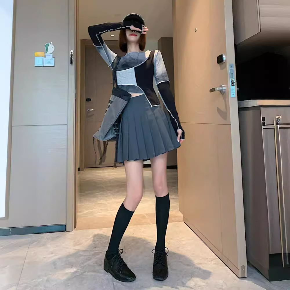 Grey Pleated Skirt Women's 2025 Summer New Fashion College Style A- Line Skirt High Waist Slimming Hip Skirt