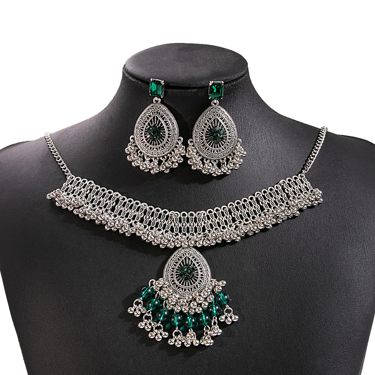 Picture of European and American Luxury Flower Jewelry suit Retro Tassel Round Gem Necklace Geometric Water Drops Square Earrings for Women