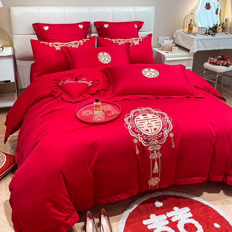 Picture of High-end Chinese Dragon and Phoenix Embroidery Fashion Wedding Four-piece Wedding Big Red Bed Sheet Quilt Cover Accompanying Bedding