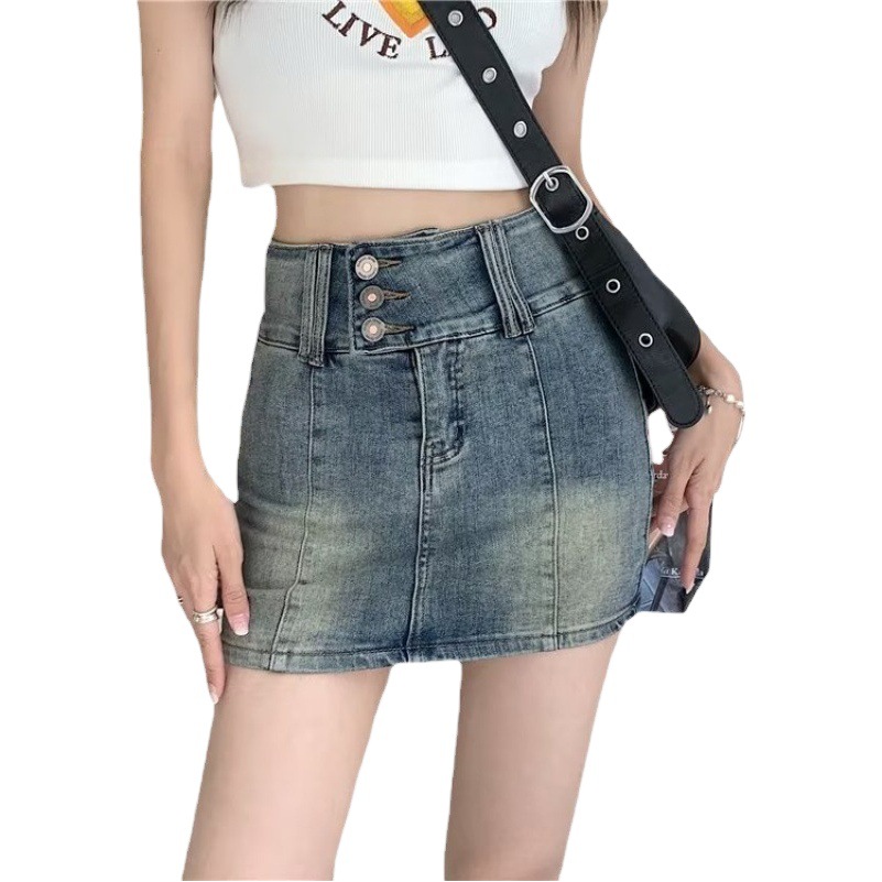 Internet Celebrant Retro High Waist Denim Skirt Women's Design Summer Thin Stretch Slim-Fit Slimming Sheath Skirt