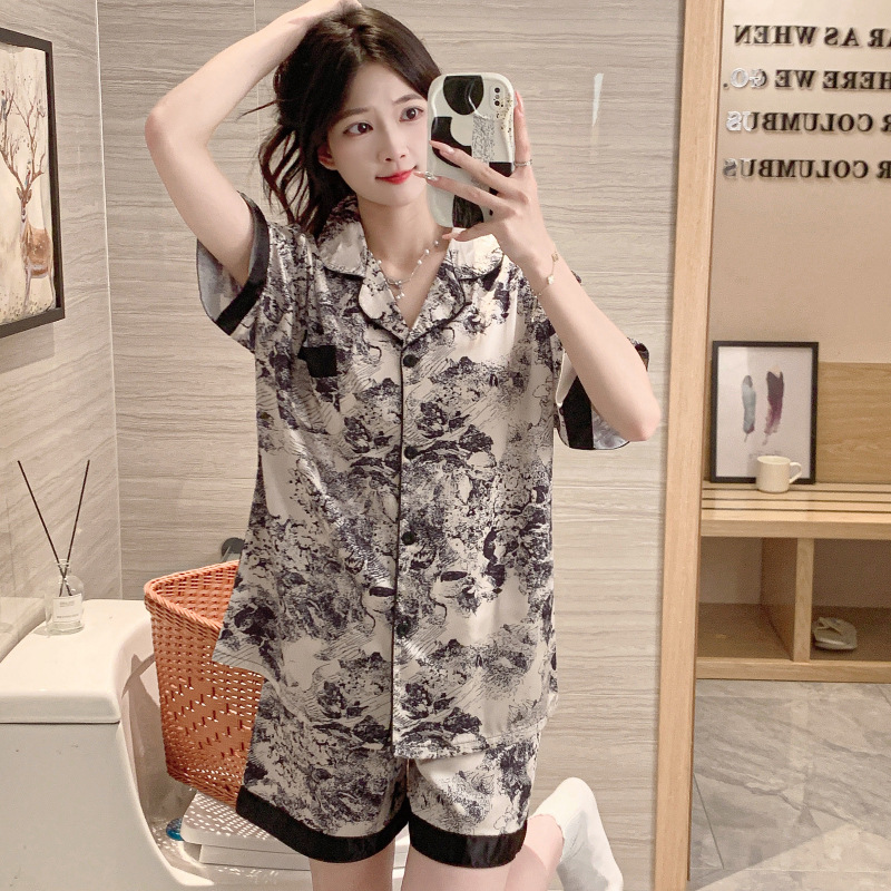 Picture of Cross-border summer high-grade ice silk short-sleeved women's pajamas national style ink painting leisure home clothes two-piece wholesale