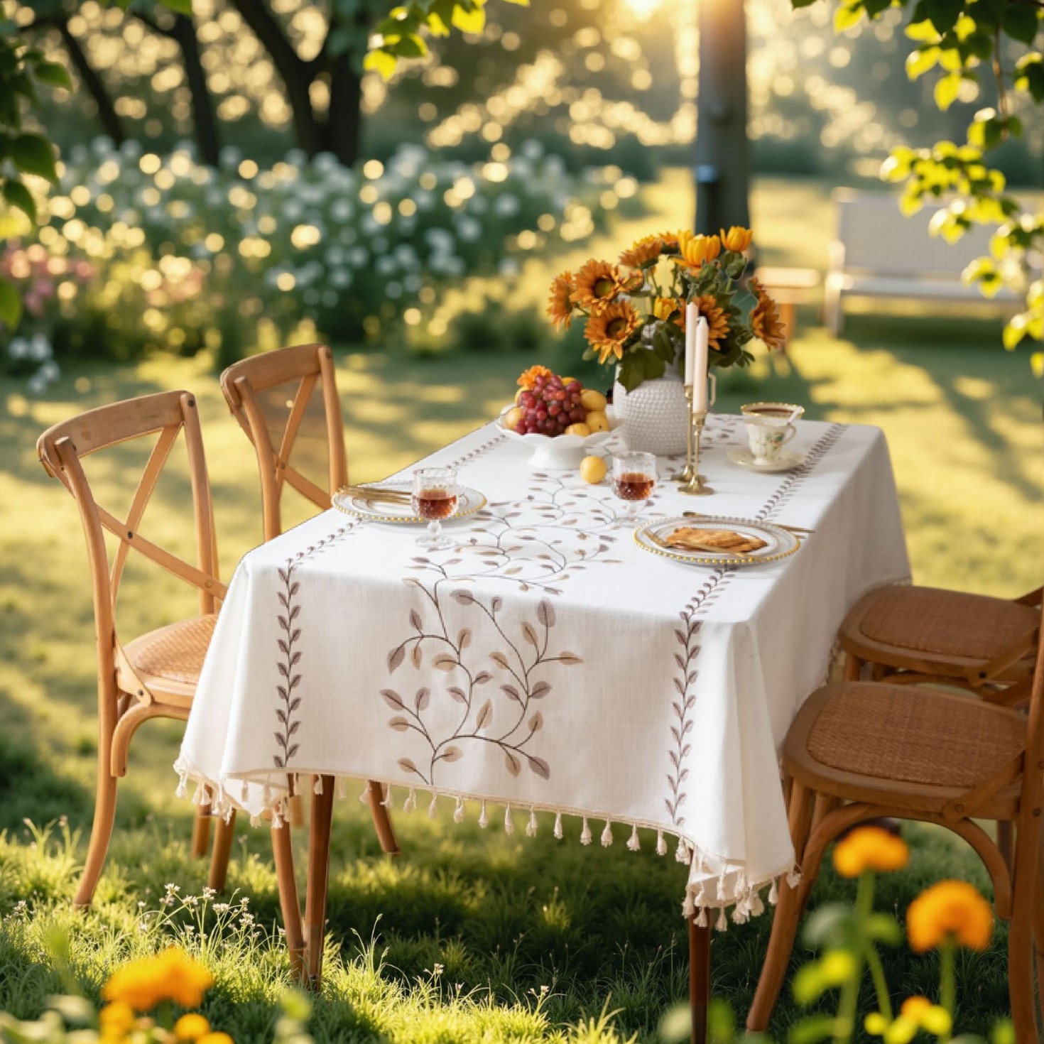 Rectangular Dining Table Fabric European-style Simple Embroidered Tablecloth Cotton and Linen Artistic Courtyard Outdoor Dining Table Mat Dust-proof and Dirty-resistant
