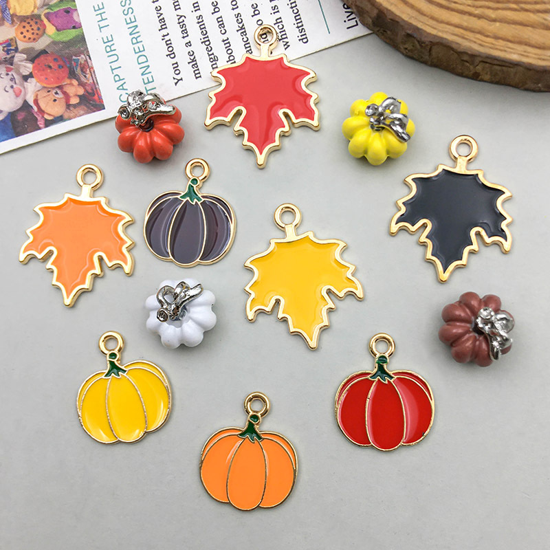 Picture of 1 new drop oil alloy colorful simulation maple pumpkin pendant pendant diy accessories