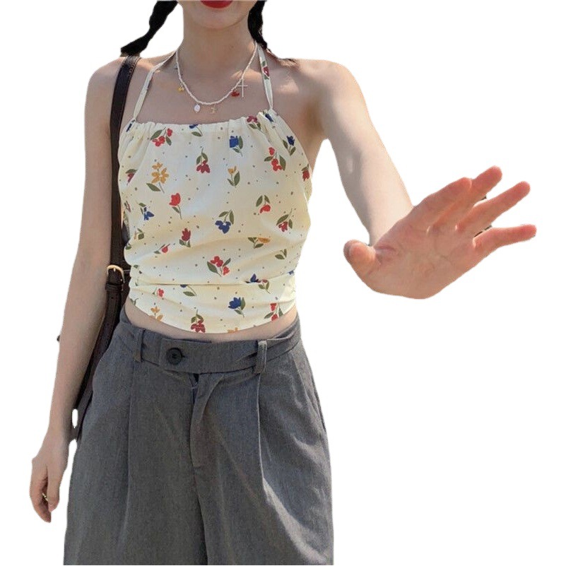 Solo Girl Bow Sling Hot Girl Travel Notes Sexy Small Flower Halter Knotted Lace Cross-Border Wholesale Summer