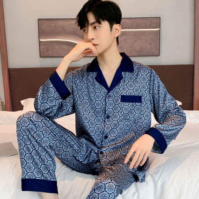 2023 Simple Fashion Pajamas Men's Spring and Autumn Long Sleeve Cardigan Ice Silk Men's Young and Middle-aged Home Clothes suit