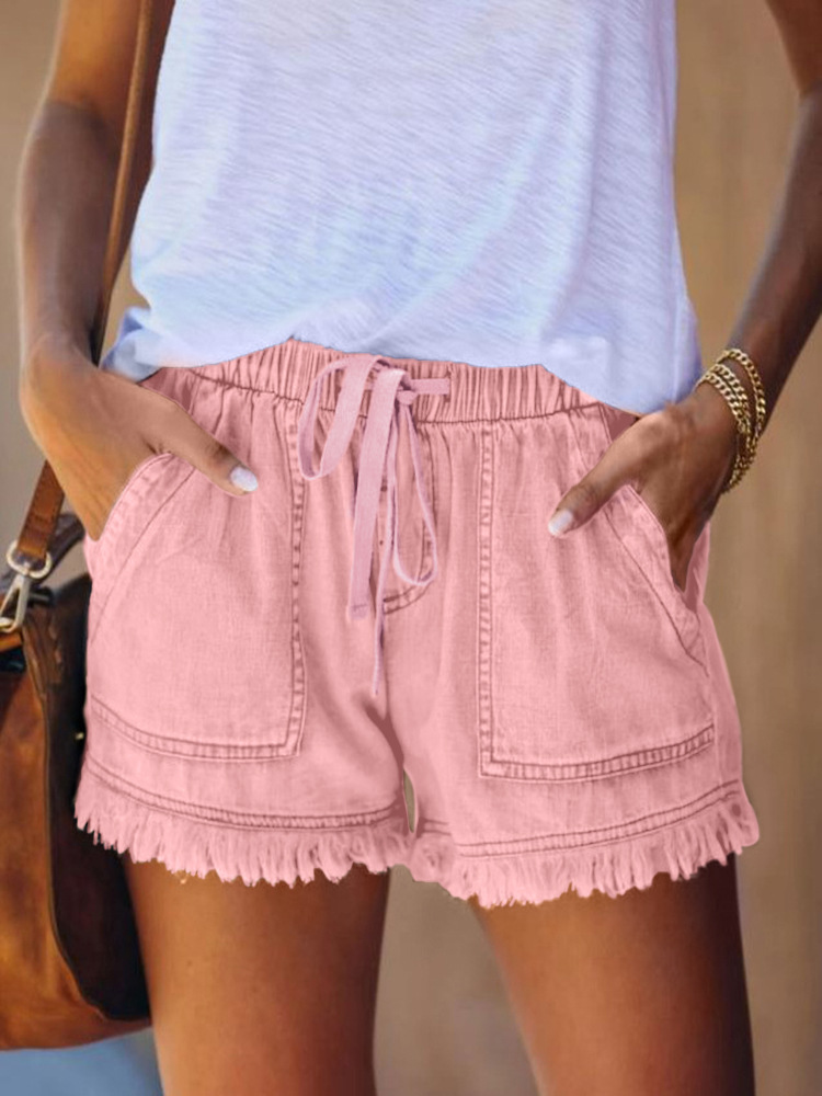Picture of European and American Foreign Trade Cross-Border Supply Elastic Waist Casual High Waist Slim Tassel Denim Shorts for Women
