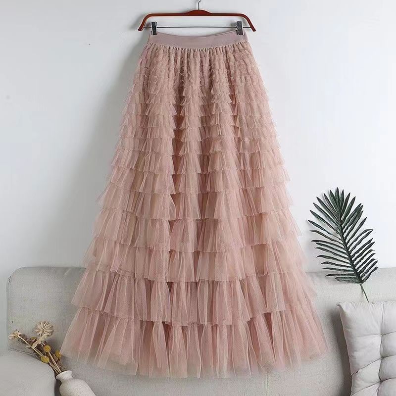 Picture of Mesh Splicing Cake Skirt 2025 Spring, Summer, Autumn and Winter New Mid-Length Skirt A-Line Long Skirt Fluffy Gauze Skirt