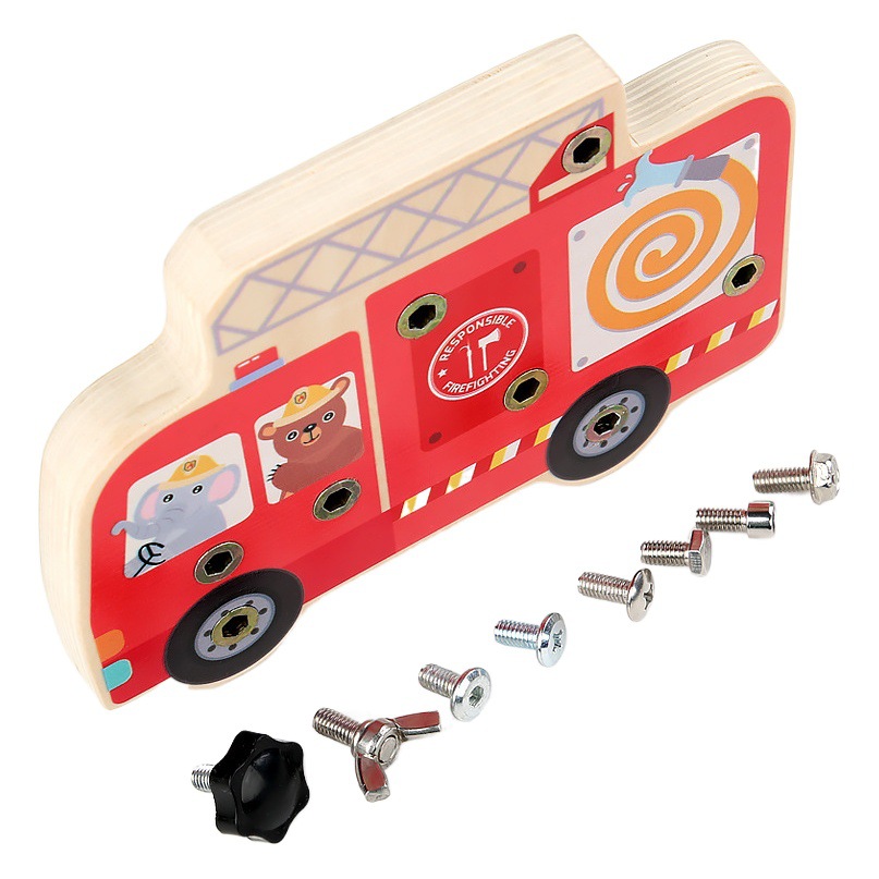 Cross-border wooden simulation fire truck nut disassembly and assembly combination busy tool box children's early education Enlightenment educational toys