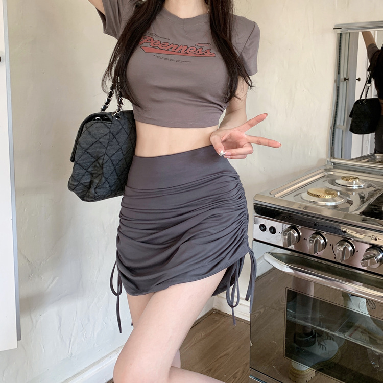 Grey Trouser Skirt Adjustable Drawstring Pleated Bag Hip Skirt Women's Thin 2023 Summer High Waist Sexy Slim Skirt