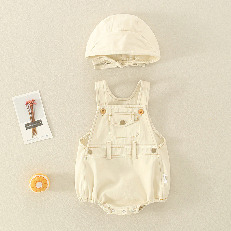Picture of ins Summer Baby Boys and Girls Baby Light Denim Hat Two-Piece Triangle Climbing Suit