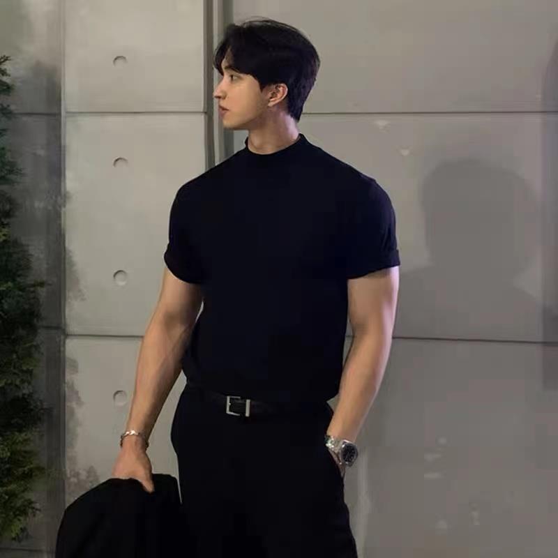 Short-sleeved Men's Summer Simple Solid Color Slim-fit Breathable T-shirt Korean Style Trendy Brand ins Fashionable Handsome All-match Round Neck Top