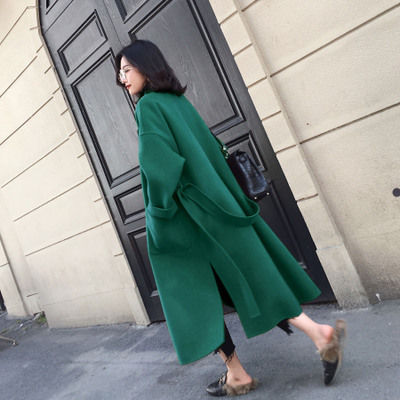 Picture of Black Woolen Coat Women's Winter Super Long Over-the-knee Lace-up Profile Double-sided Cashmere Handmade Woolen Coat