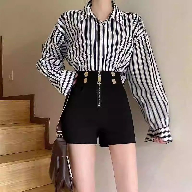 Black Shorts Women 2024 Spring and Summer New Fashion High Waist Zipper Slimming Casual Outer Wear A- shaped Wide Leg Pants