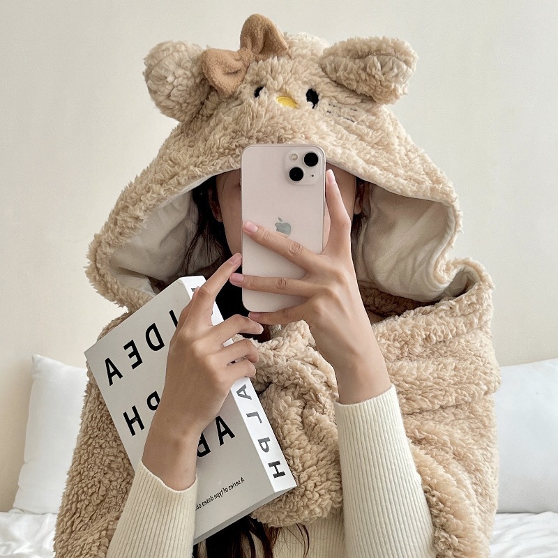 Picture of Ins Cartoon Bear Shawl Cape Winter Out Warm Thickened Cloak Student Office Lunch Break Blanket Women