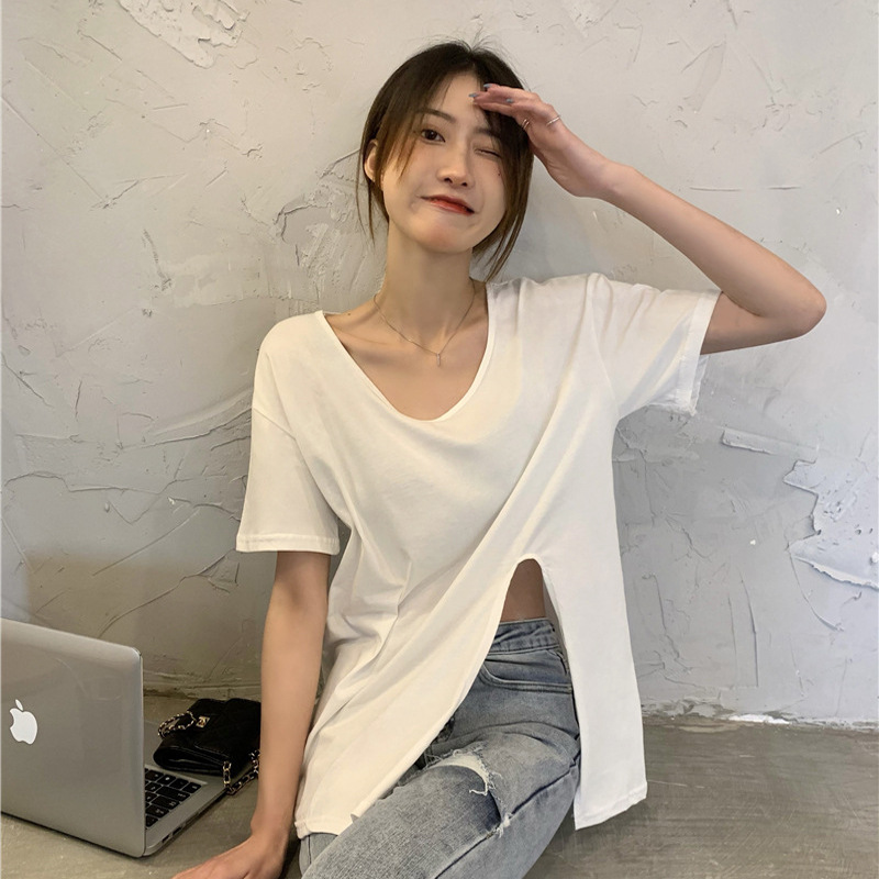 Mid-Length Short-Sleeved Women's Summer 2024 New Thin Loose Slit Trendy Ins Casual Top Girl V Neck T-Shirt