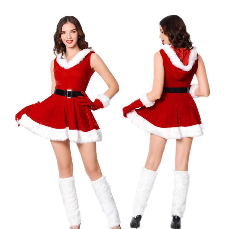 Picture of 2019 New sexy red sleeveless V-neck hooded Christmas dress adult girls dance party performance clothing