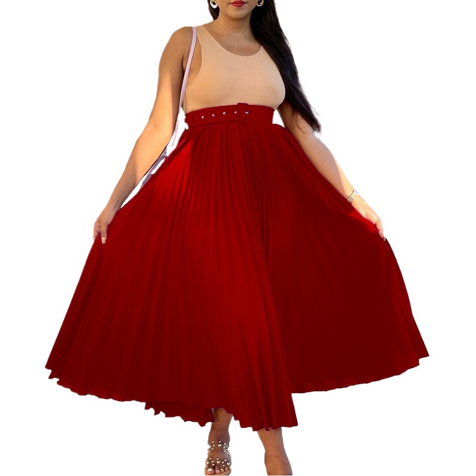 Picture of D293P with belt European and American women's clothing new high waist large skirt mid-length pleated temperament drape foreign trade skirt