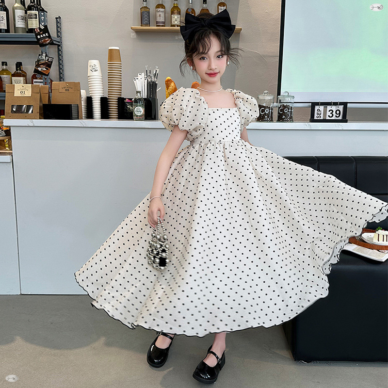 Girl's Dress Summer 2024 New Style Girl's Big Kids Stylisic Long Dress Puff Sleeve Summer Polkdot Princess Dress