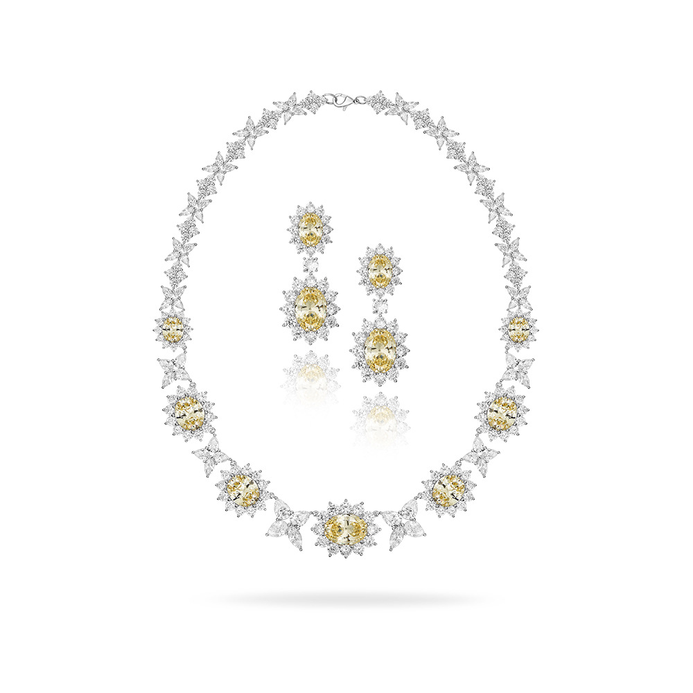 Foreign Trade Cross-border New Yellow Diamond Necklace Micro-inlaid with Goose Yellow Main Diamond Gold Plated High-level Sense Celebrity Ladies Dinner Set Chain