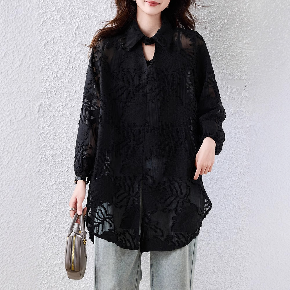 Real shot in stock French black chiffon shirt 2025 spring new loose plus size age-reducing belly slimming top