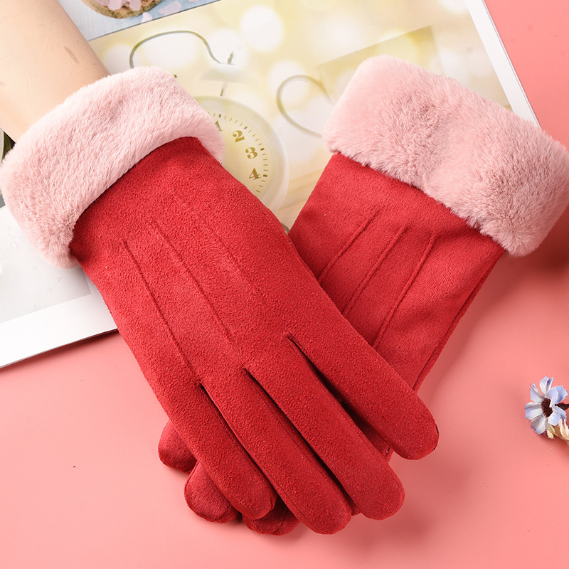 Picture of Autumn and Winter fleece-lined thickened touch screen suede warm gloves cute fashion student outdoor cycling driving stall