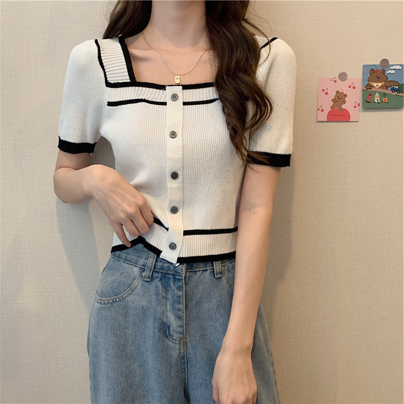 G it's bao in the sample factory ~ it's really beautiful! Fashionable square collar contrast color black knitted shirt top for women Summer