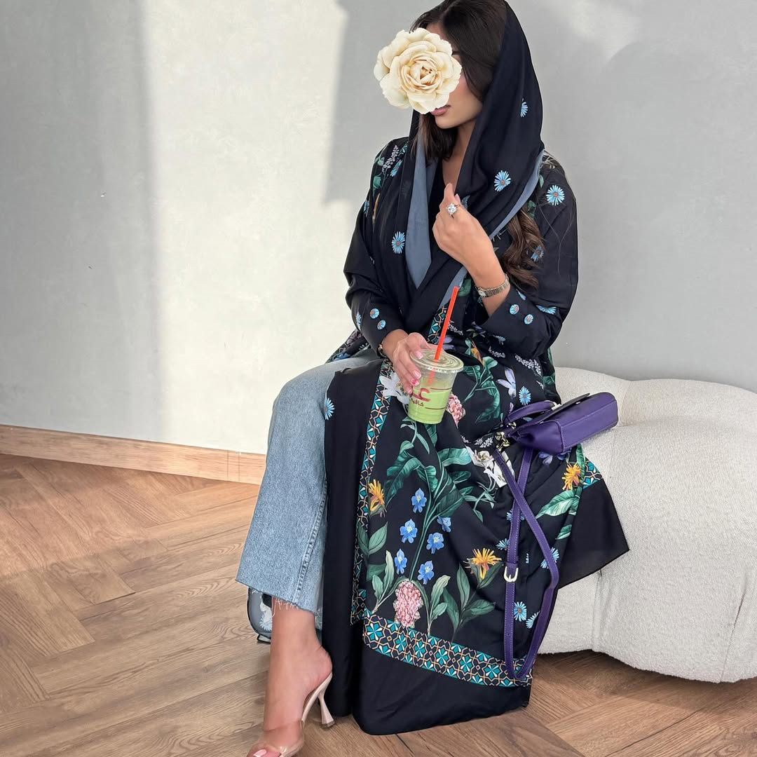 Picture of MQ236 Middle Eastern Robes Muslim Women's Fashion Print with Turban Casual Cardigan Abaya Large Swing Coat