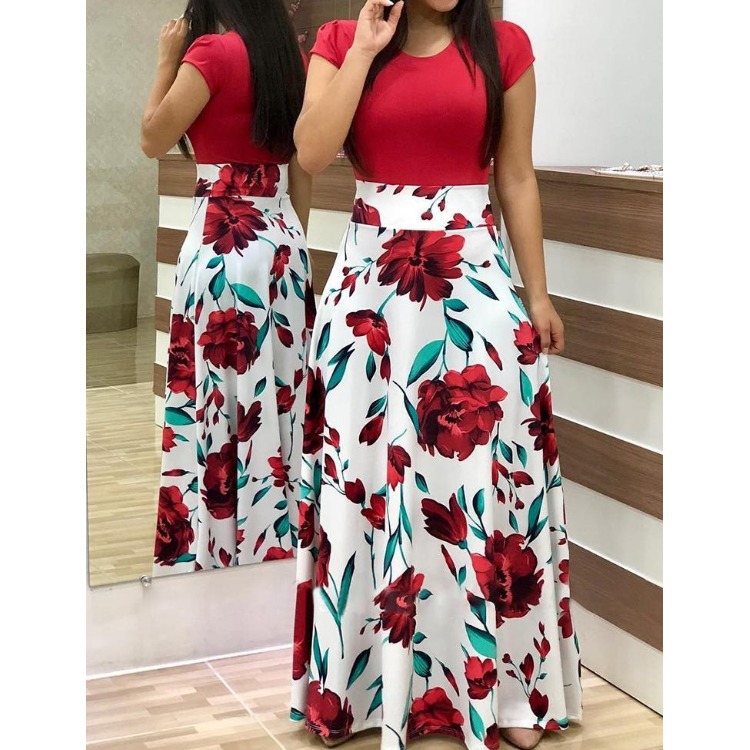 wish Aliexpress Version European and American Style Flower Print Color Block Dress Long Skirt Women's Clothing
