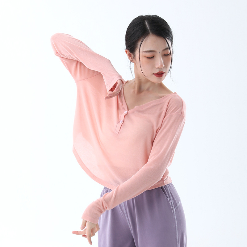 Picture of Thin V Neck Yoga Wear, Long-Sleeved Short Style, Loose-Fitting Outdoor Fitness Top, Breathable Daily Sports Blouse