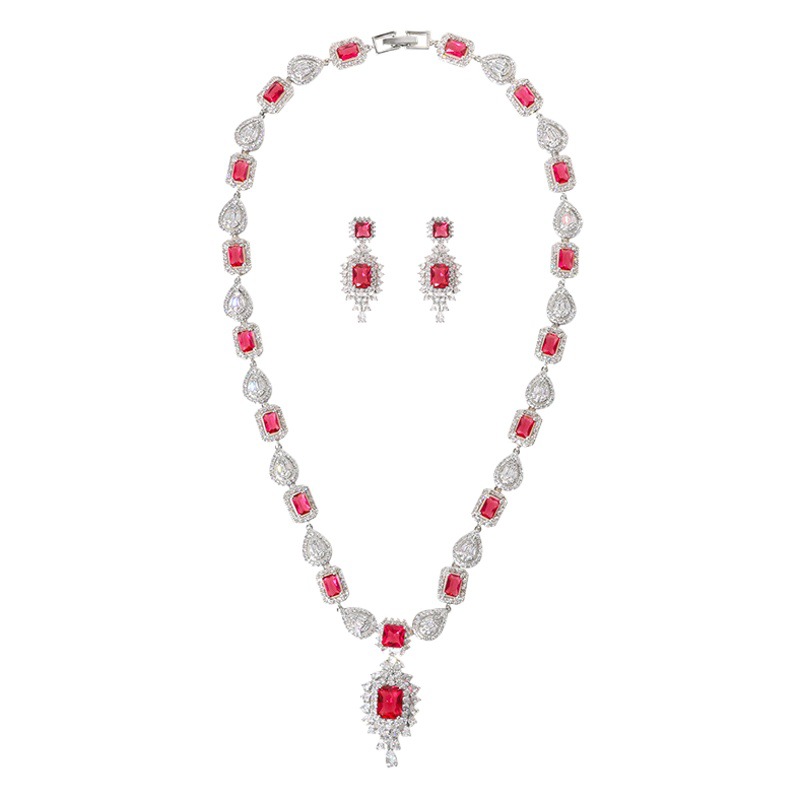 Cross-border Hot Selling European and American Bride Jewelry Vintage Zircon Earrings Necklace suit Heart-shaped Full Diamond Luxury Pendant Jewelry