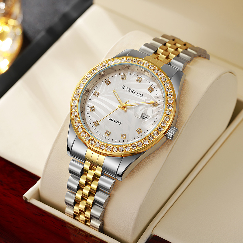Picture of Watch for Men with Diamond Inlay, Couple's Steel Band, Calendar, Student, Adult, Fully Automatic Quartz Watch, Metal Scale, Large Dial