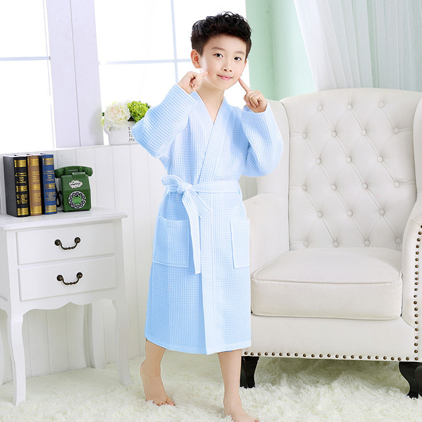 Picture of Spring and summer children's swimming bathrobe waffle big children's bathrobe bath absorbent quick-drying nightgown polyester cotton bath towel kimono collar