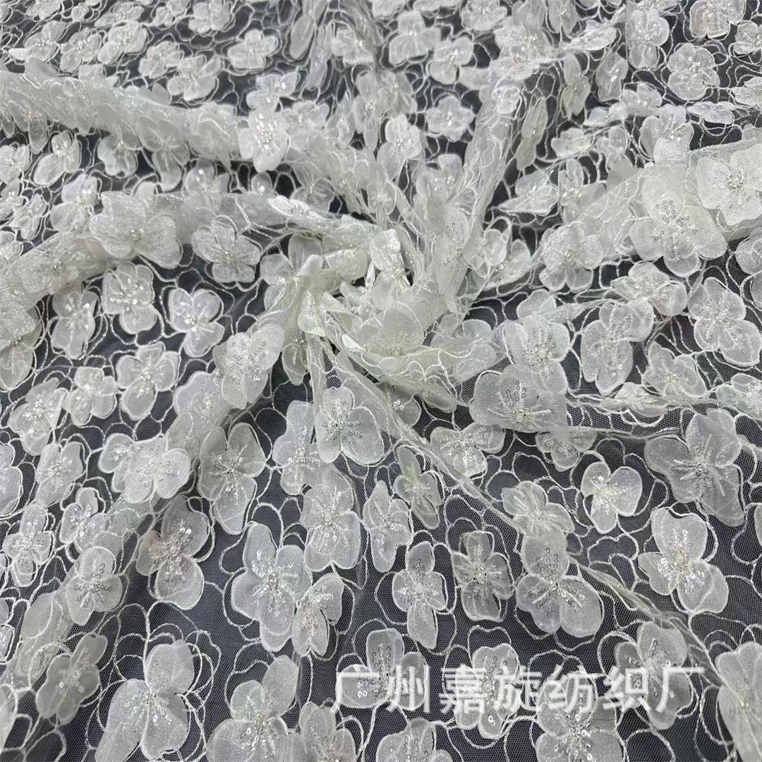 Mori three-dimensional white flower embroidery fabric bead tube mesh wedding dress designer children's princess dress accessories