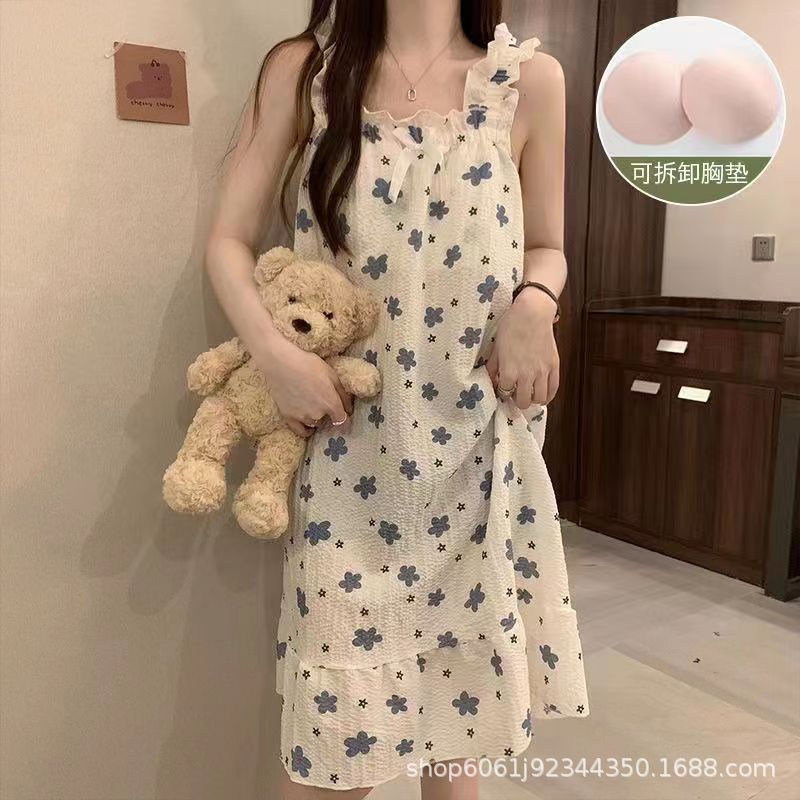 Summer Bubble Cotton Nightgown Women's Cute Sweet Sling Detachable Chest Pad Loose Thin Summer Outer Wear Home Clothes