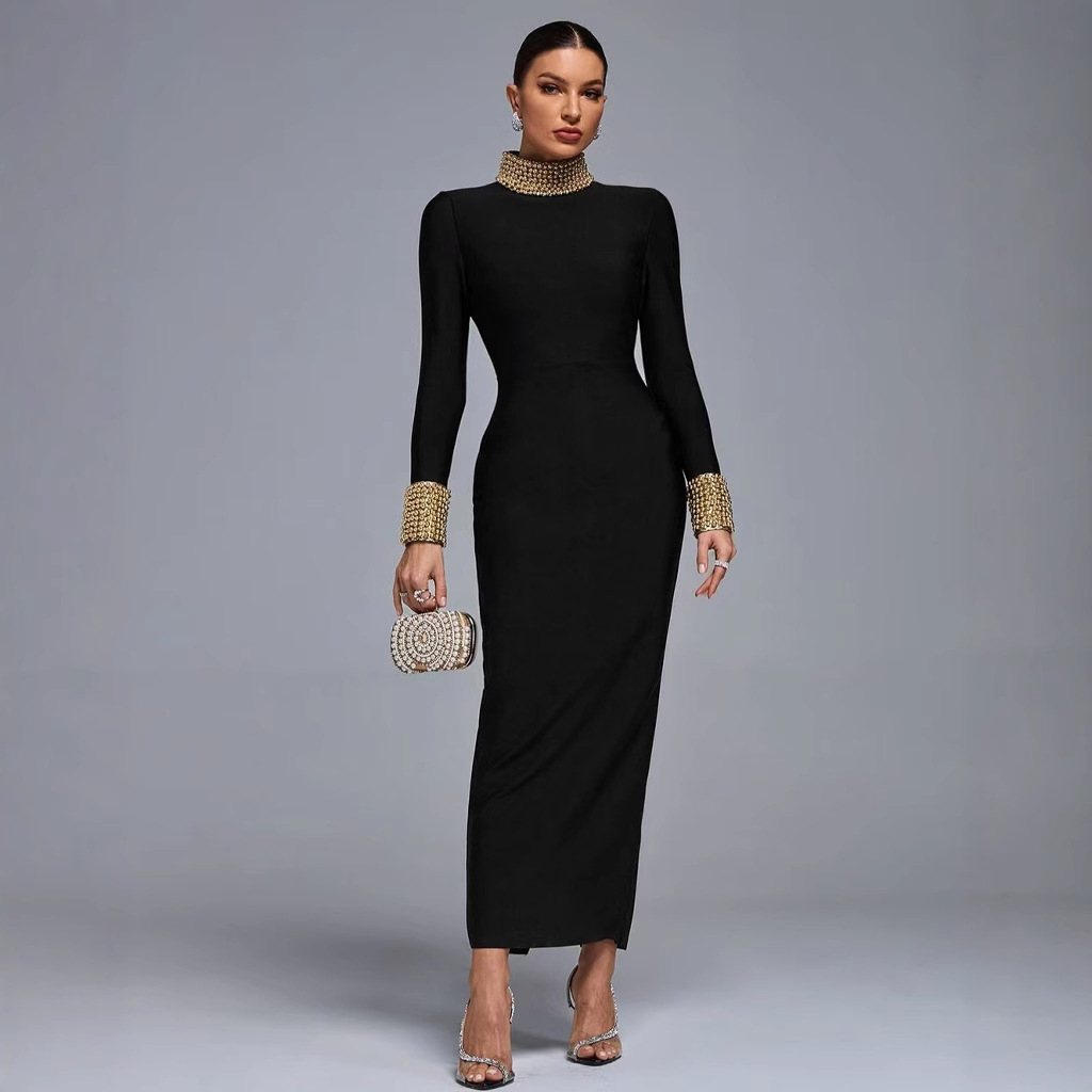 Cross-border New Long-sleeved Golden Pearl Autumn and Winter High-end Women's dress Slim-fit Black Banquet Elegant Gown