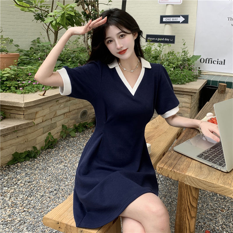 2023 new V-neck French waist polo dress women's summer fat girl belly-covering thin mid-length skirt ins