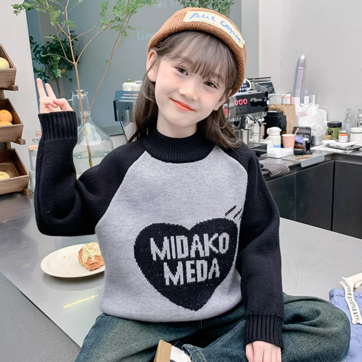 Girls' Knitted Crewneck Sweater Autumn New Children's Middle and Big Children Girls' Love Knitted Top Base Shirt Autumn and Winter