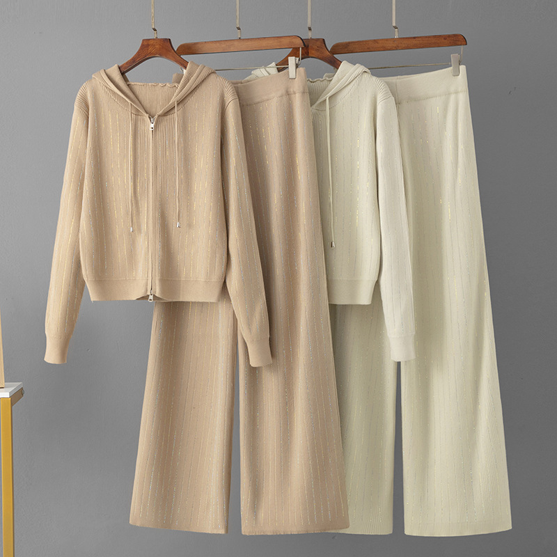 Cross-border European and American wool hooded sequined casual suit knitted zipper top + casual pants sports suit