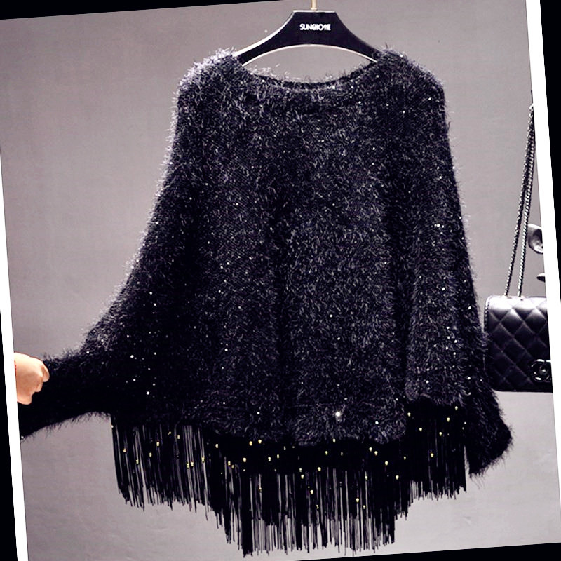 Autumn and Winter Sequin Tassel Loose Cape Shawl Pullover Sweater Thickened Knitted Coat Batwing Shirt Top Women