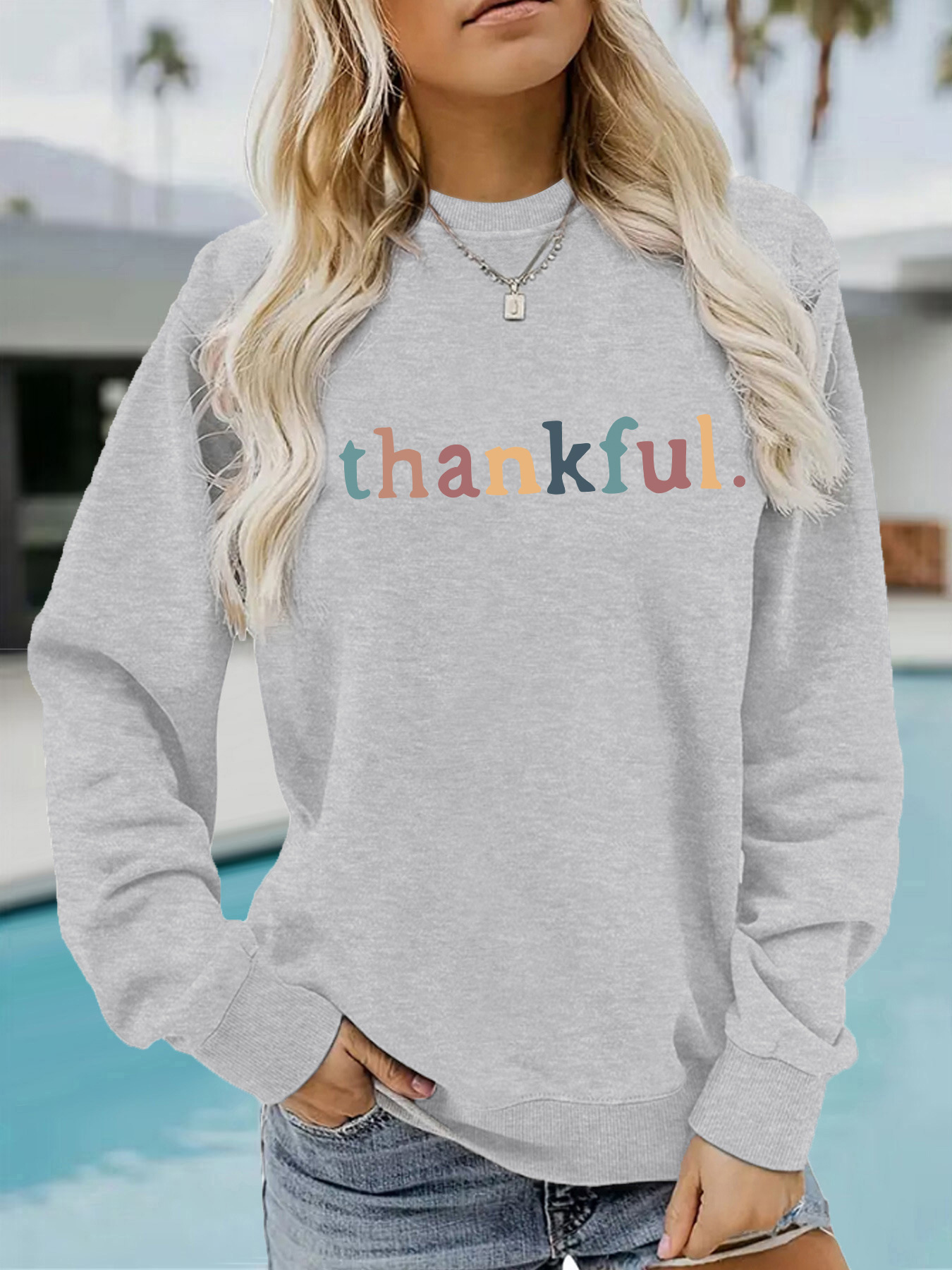 Picture of Europe and the United States cross-border autumn and winter women's casual long sleeve round neck thankfol printed pullover sweatshirt sweater wholesale