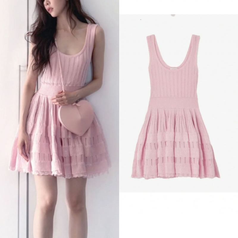 Cross-border 2025 summer new French heavy industry hollow A- line vest skirt waist thin knitted suspenders dress women