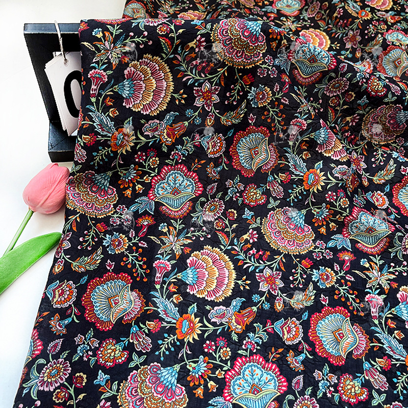 Flowers in the Dark Night, New Chinese National Style, Tencel Jacquard Fabric, Hanfu Cheongsam Dress Fabric, Handmade DIY Fabric