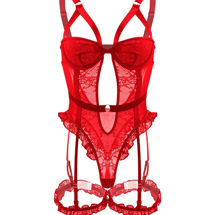 2025 European and American Sexy One-Piece Intimates See-Through Lace Sexy Two-Piece Set with Steel Ring Push-Up Backless One-Piece