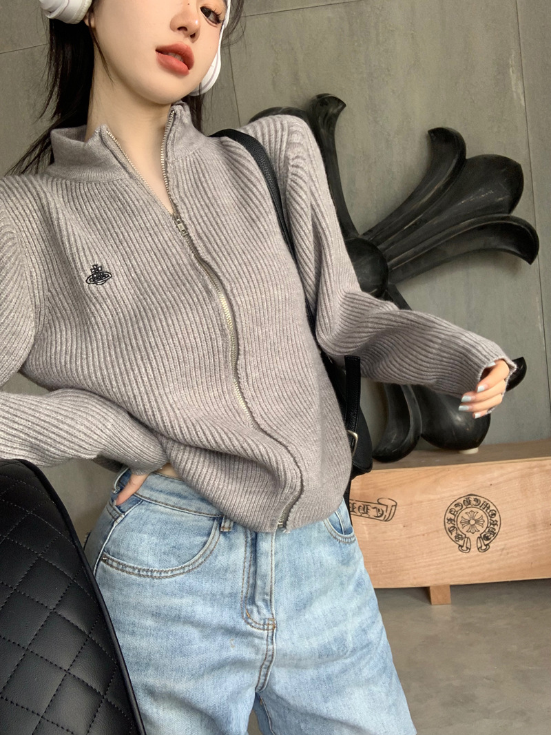 Niche stand-up collar zipper knitted cardigan women's autumn and winter simple loose short versatile jacket top