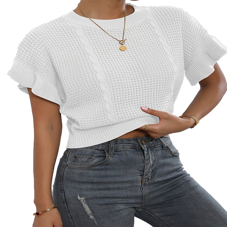 2024 Amazon Cross-border Europe and the United States New Twisted Rope Ruffled Short Sleeve Crewneck Knitted Pullover Sweater Women's Top