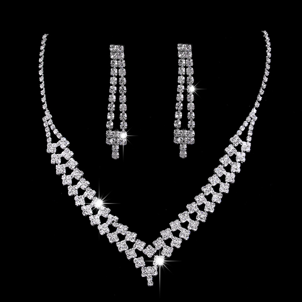 Picture of Brilliant diamond zircon water drop necklace earrings bride wedding jewelry shooting jewelry set wholesale